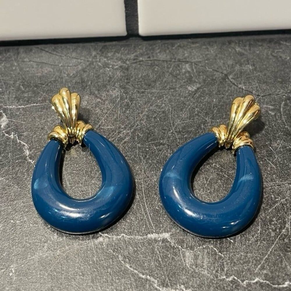 Vintage Earrings Large Blue Enamel Gold Tone